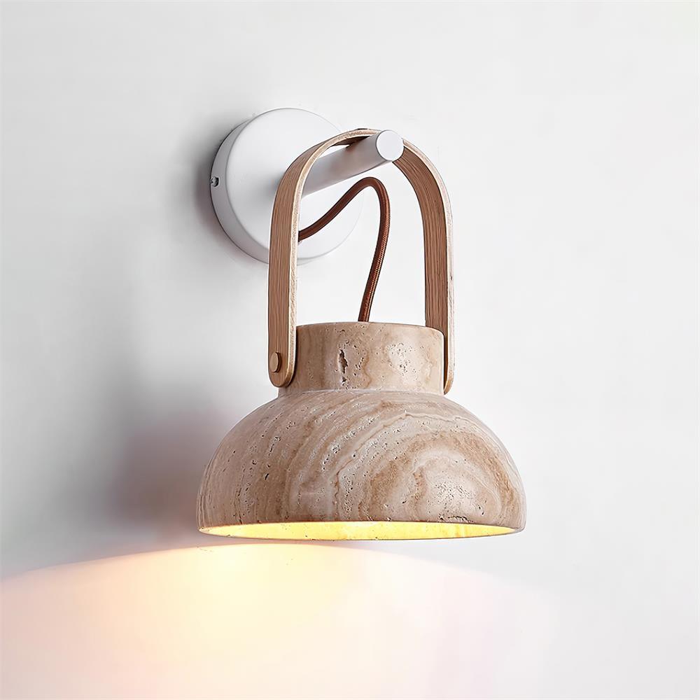 Wall Lamp Metal Body Wood Strap Travertine Shade Minimalist-Neutral Decor
