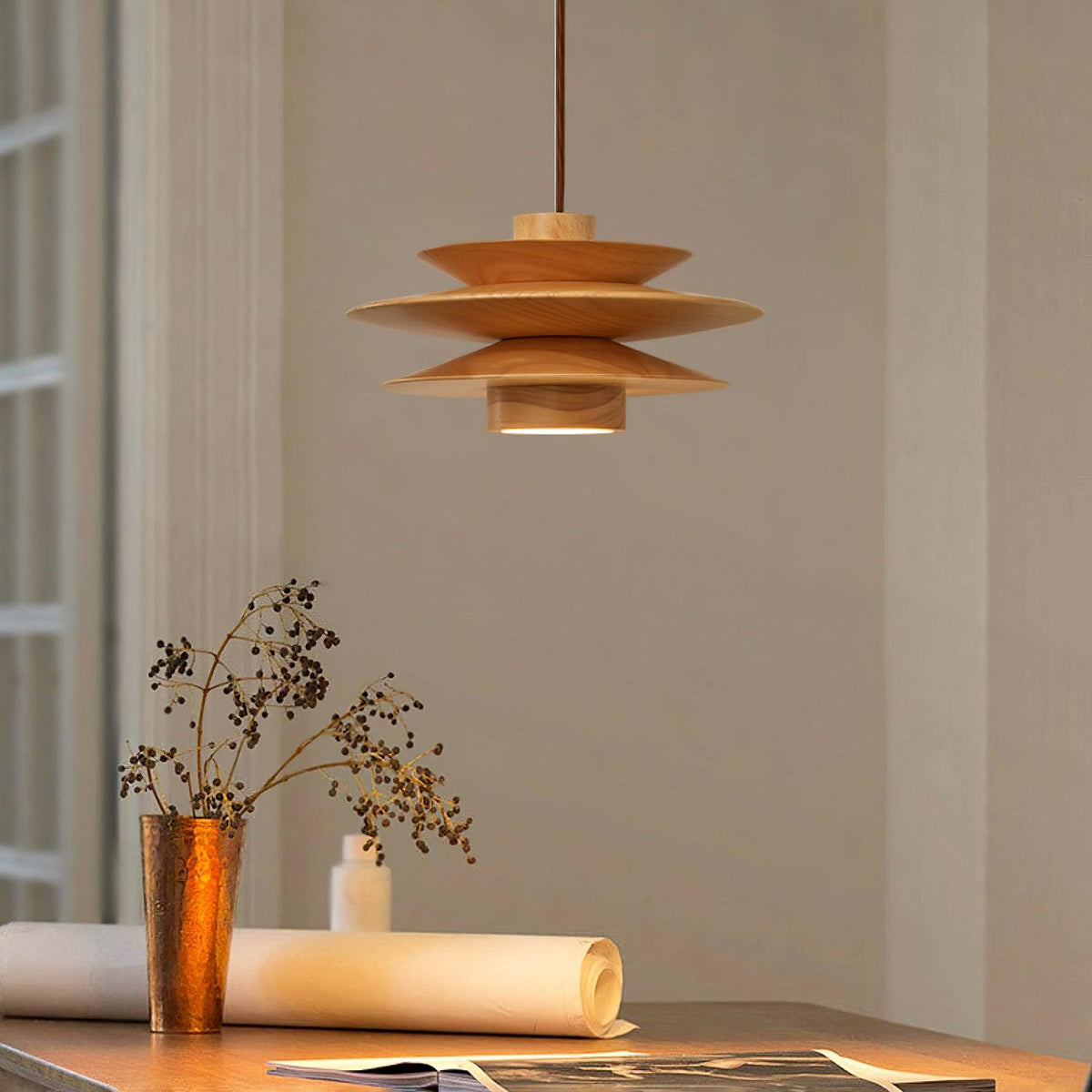 Cascade Wooden Disc Swag Pendant Lamp-Neutral Decor