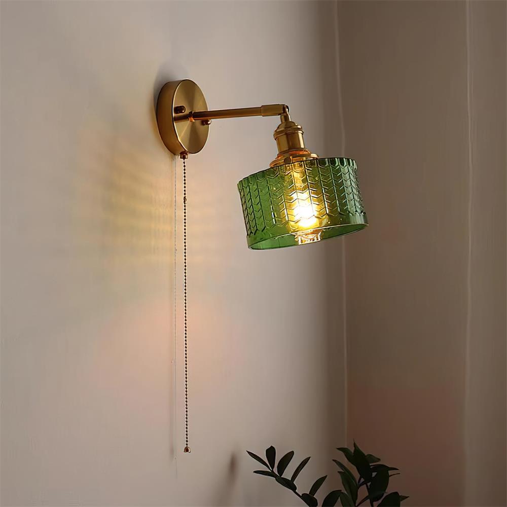 Rilo Wall Lamp Brass with Green/Clear Glass Shade and Pull Chain-Neutral Decor