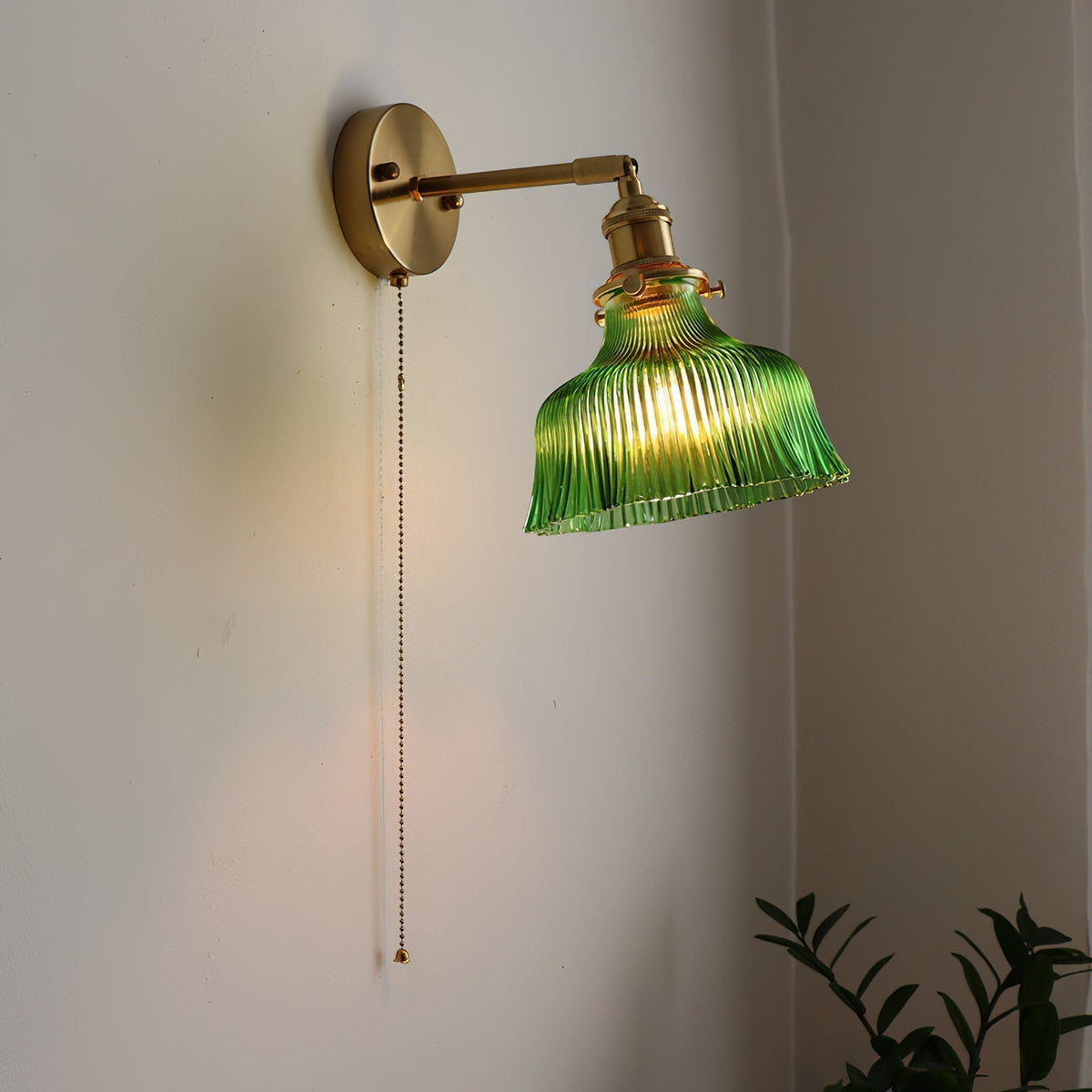Rilo Wall Lamp Brass with Green/Clear Glass Shade and Pull Chain-Neutral Decor