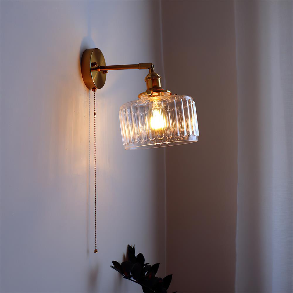 Rilo Wall Lamp Brass with Green/Clear Glass Shade and Pull Chain-Neutral Decor