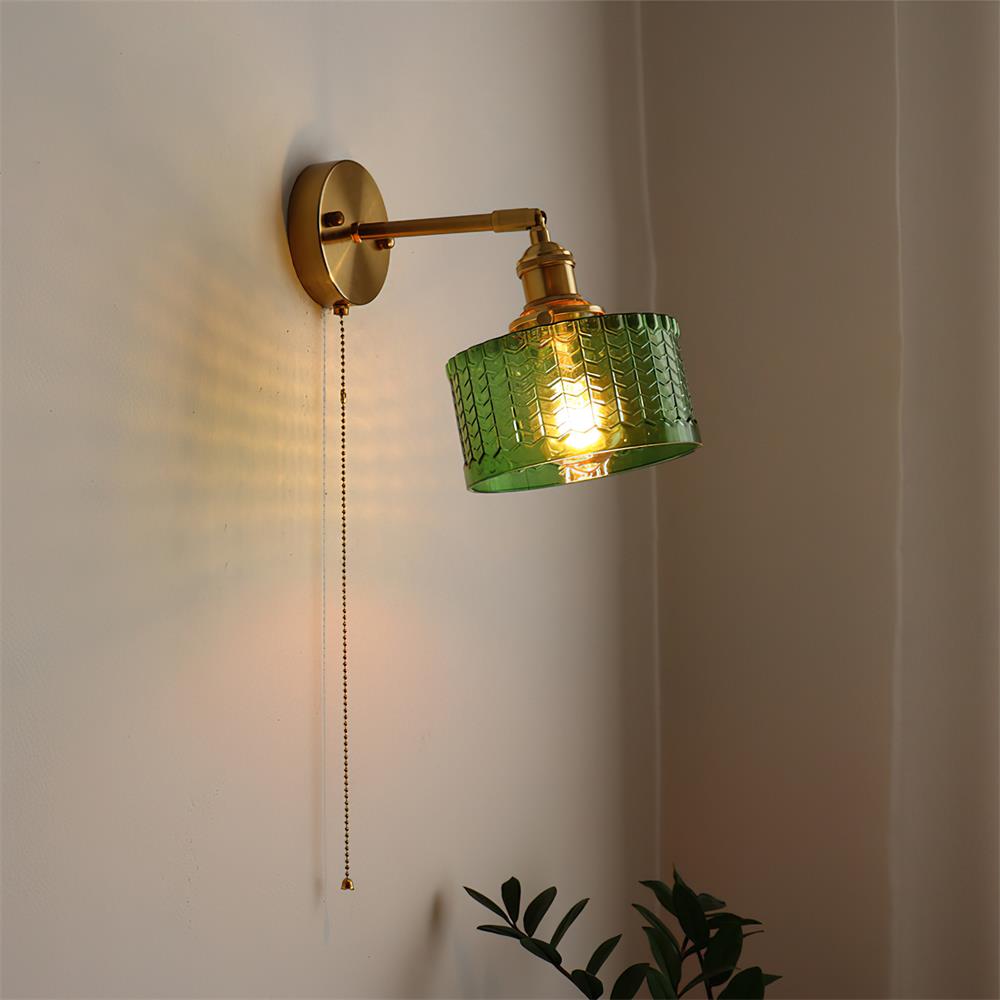 Rilo Wall Lamp Brass with Green/Clear Glass Shade and Pull Chain-Neutral Decor
