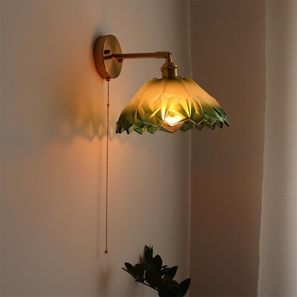 Rilo Wall Lamp Brass with Green/Clear Glass Shade and Pull Chain-Neutral Decor