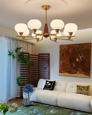 Lustra Lustre en Noyer avec Globes en Verre Opale-Luire