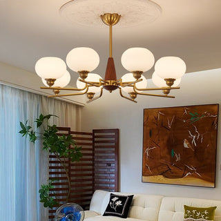 Lustra Lustre en Noyer avec Globes en Verre Opale-Luire