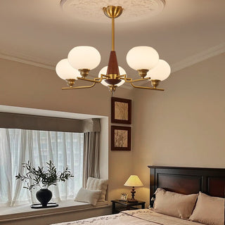 Lustra Lustre en Noyer avec Globes en Verre Opale-Luire