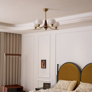 Lustra Lustre en Noyer avec Globes en Verre Opale-Luire
