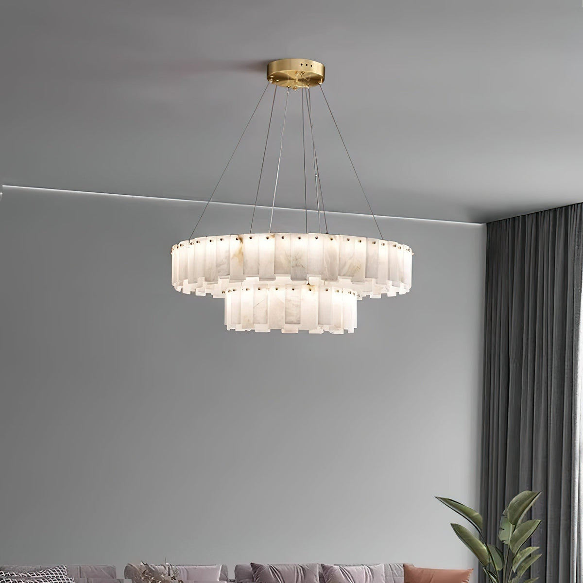 Aero Lustre Rond en Laiton et Albâtre de Luxe Postmoderne