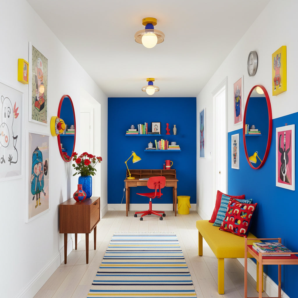 A pair of Alabax Ceiling Lights, one blue and one yellow, installed above a kitchen island.