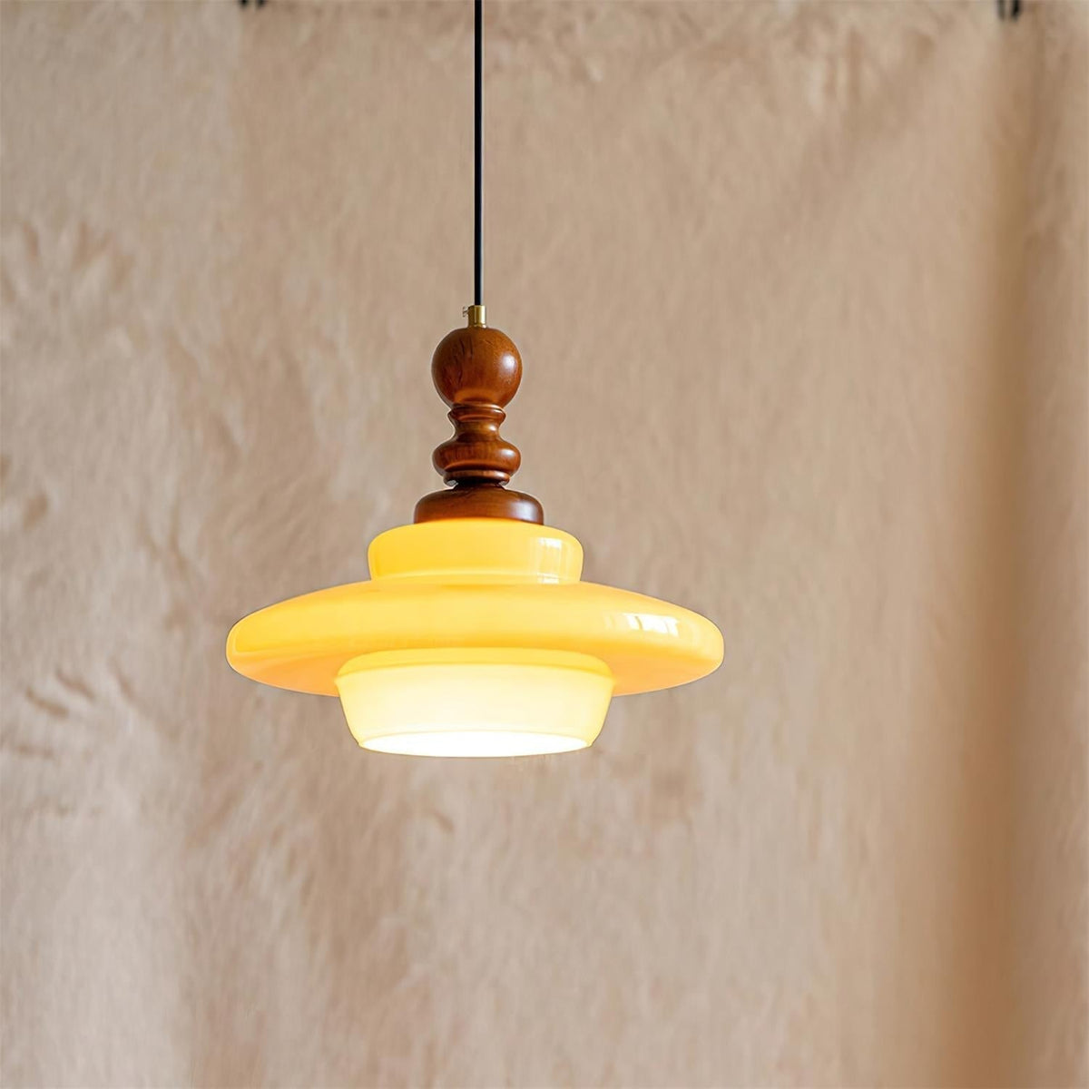 Pendant Lamp Yellow Glass with Walnut Wood Accent Retro-Neutral Decor