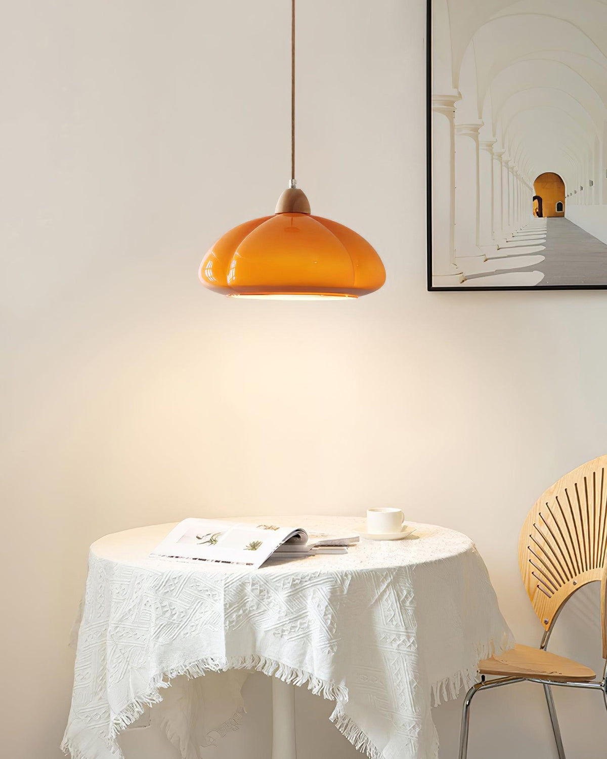 Pendant Lamp Rounded Glass Shade Wood Accent Playful Modern Touch-Neutral Decor