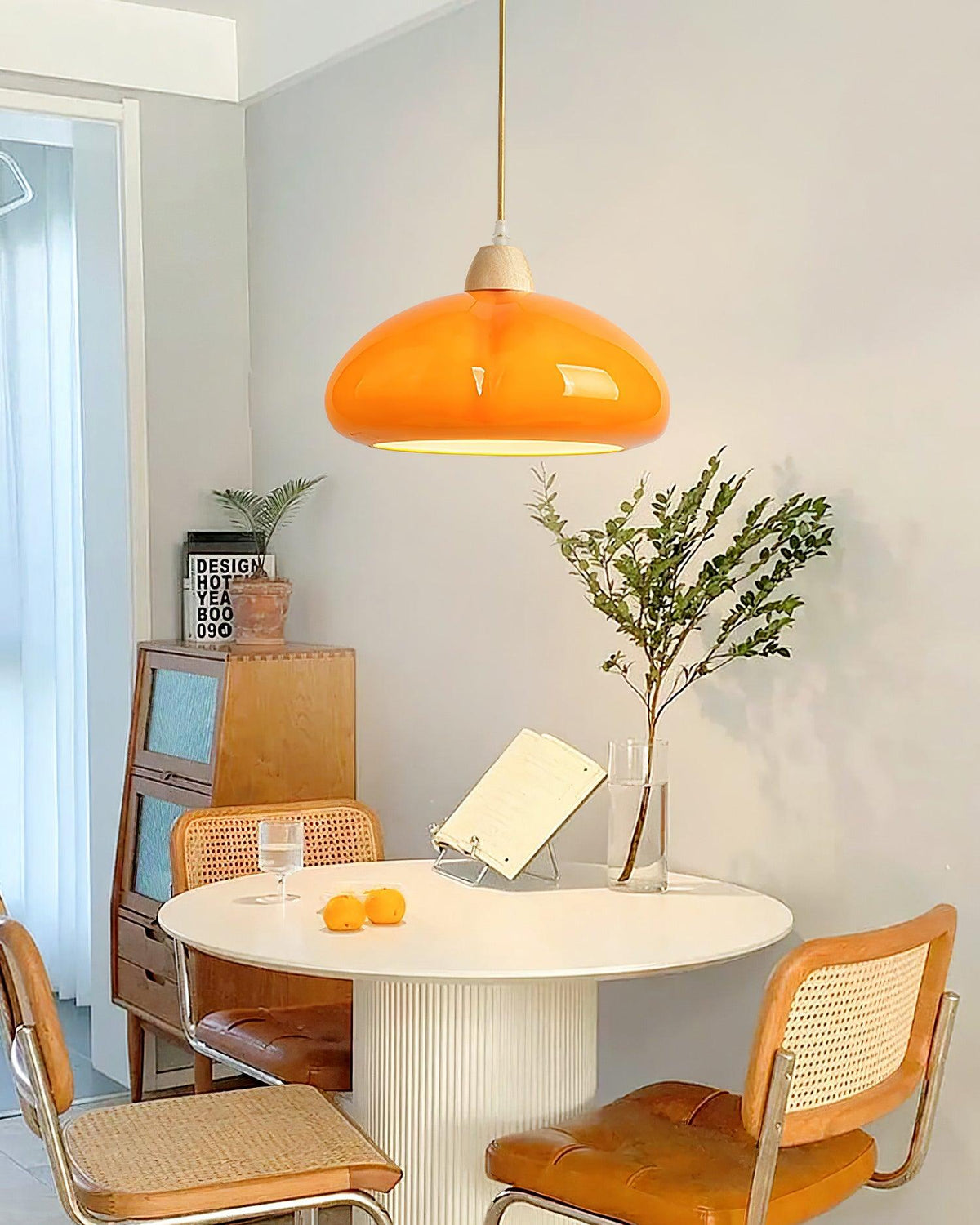 Pendant Lamp Rounded Glass Shade Wood Accent Playful Modern Touch-Neutral Decor