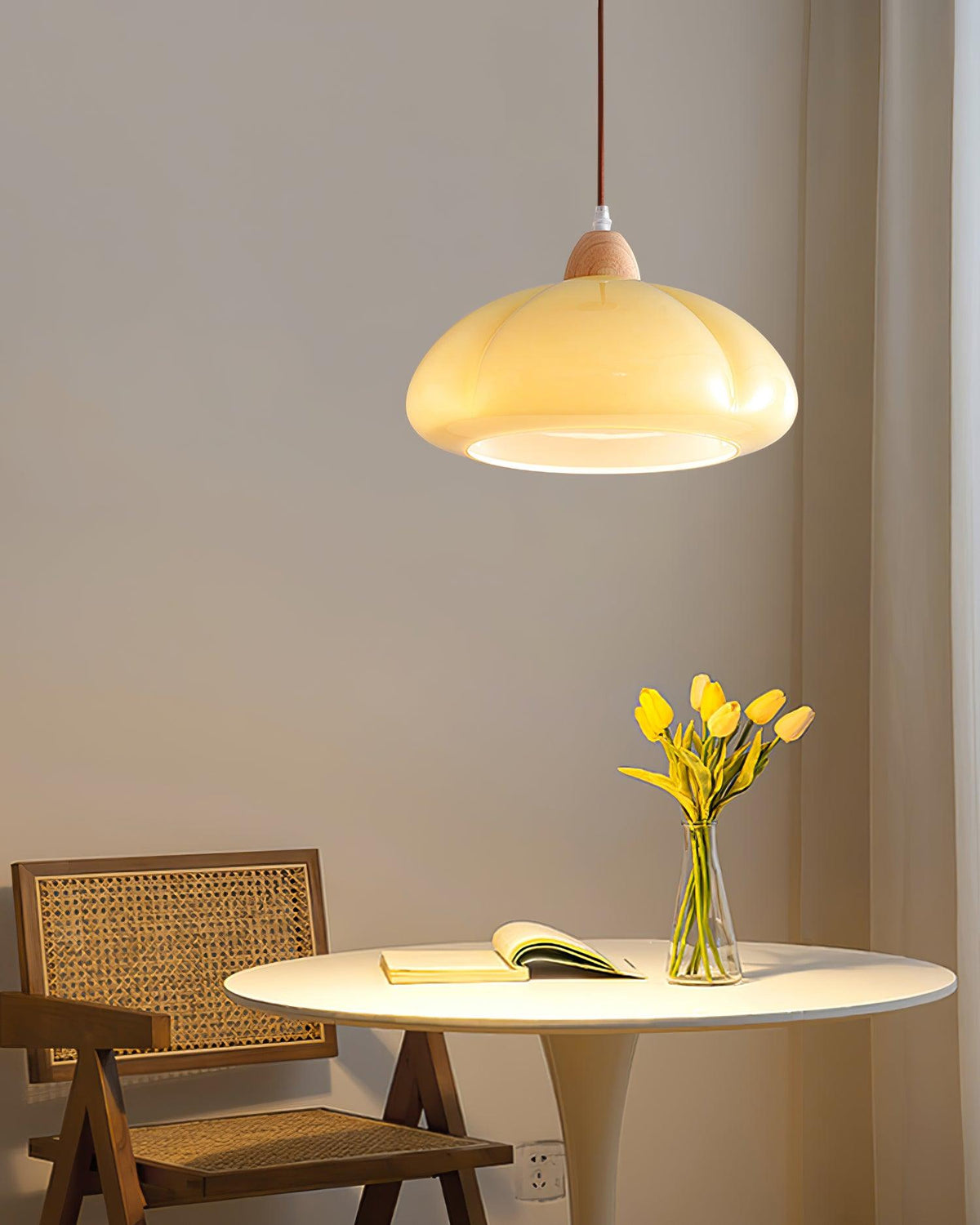 Pendant Lamp Rounded Glass Shade Wood Accent Playful Modern Touch-Neutral Decor
