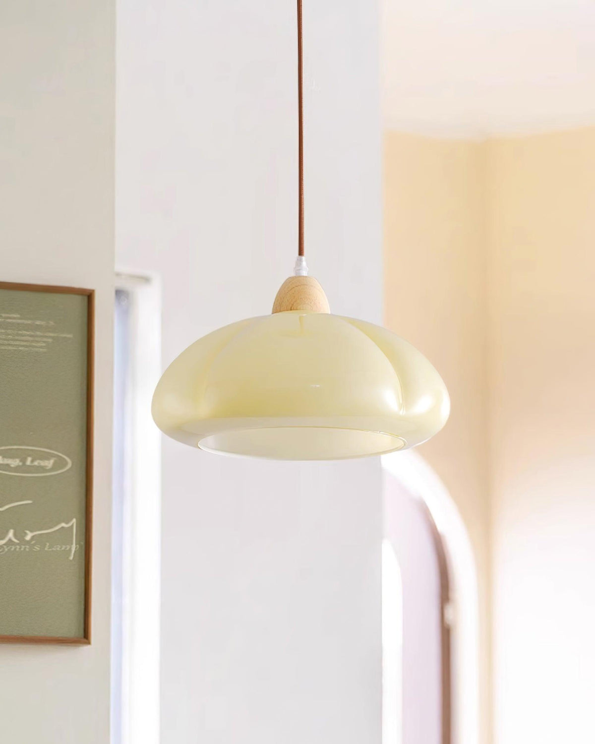 Pendant Lamp Rounded Glass Shade Wood Accent Playful Modern Touch-Neutral Decor