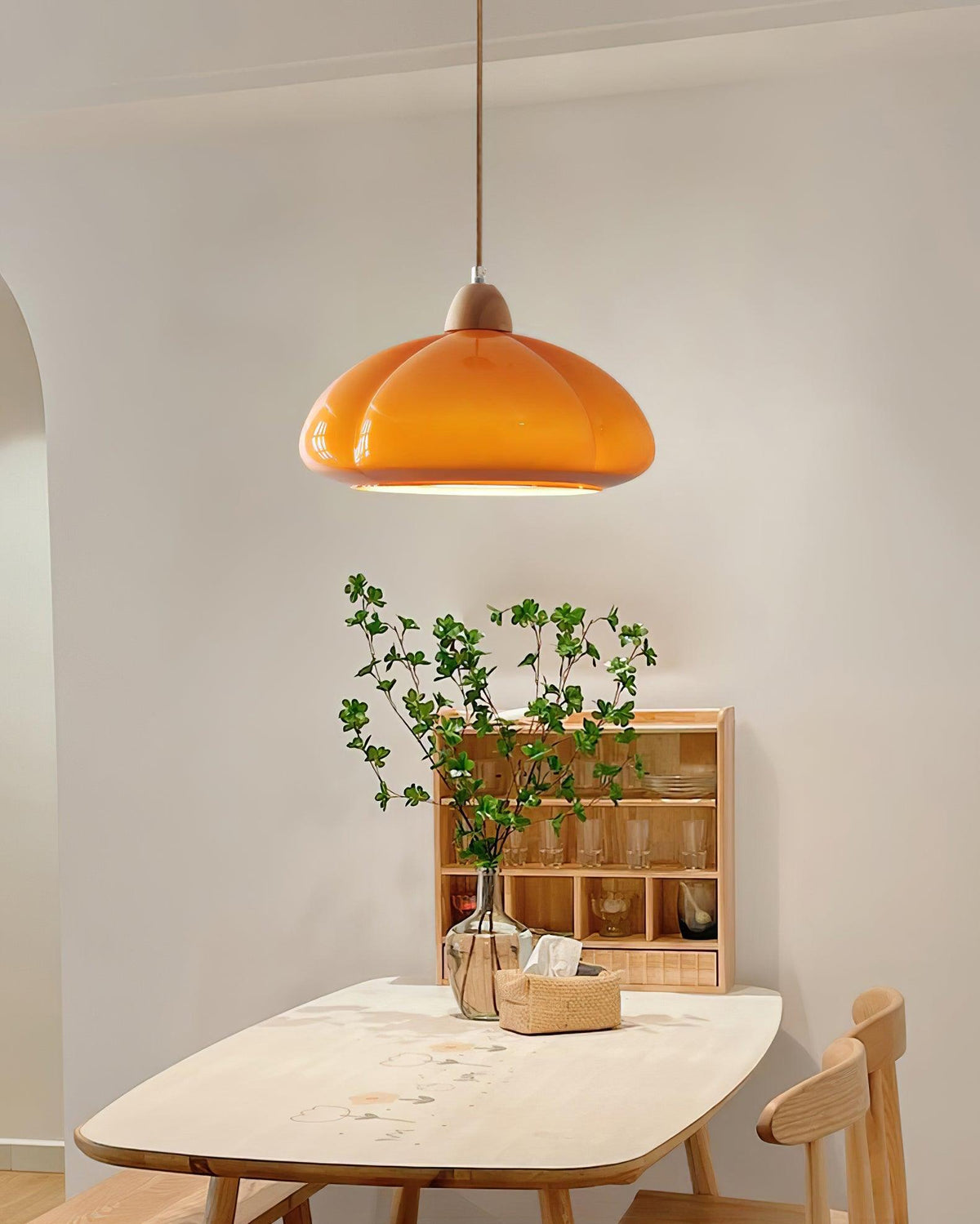 Pendant Lamp Rounded Glass Shade Wood Accent Playful Modern Touch-Neutral Decor