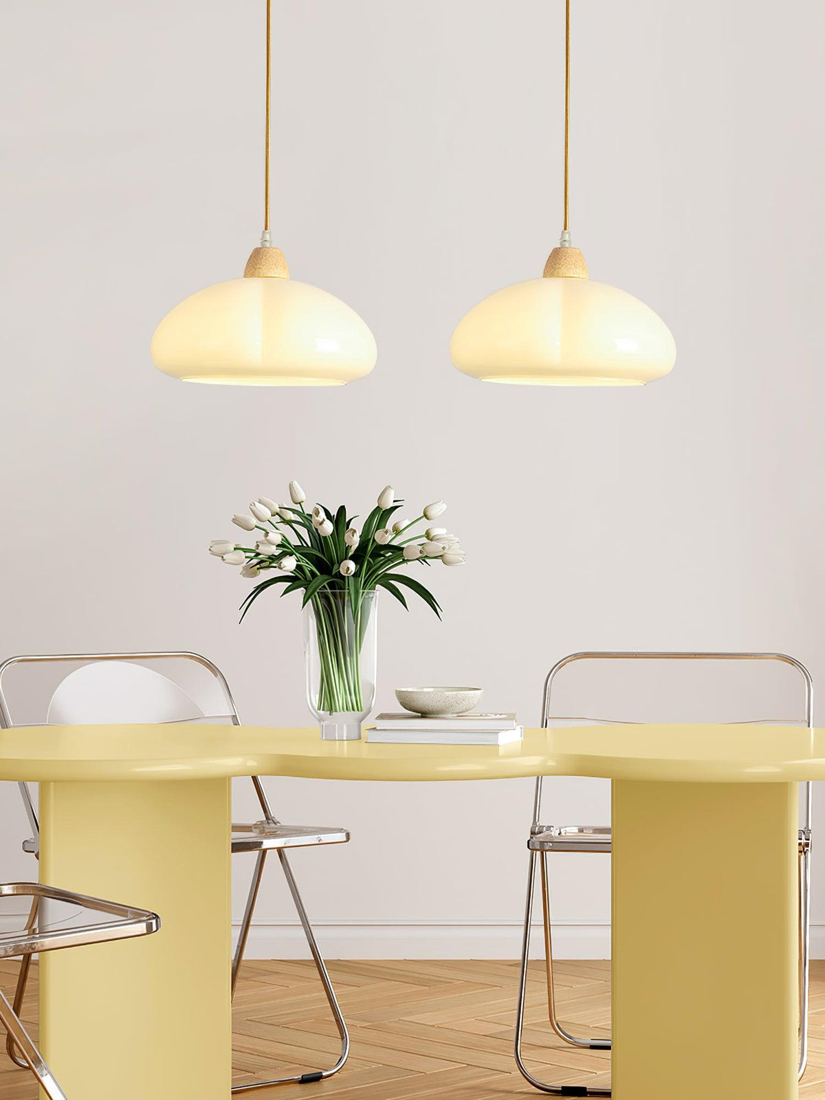 Pendant Lamp Rounded Glass Shade Wood Accent Playful Modern Touch-Neutral Decor