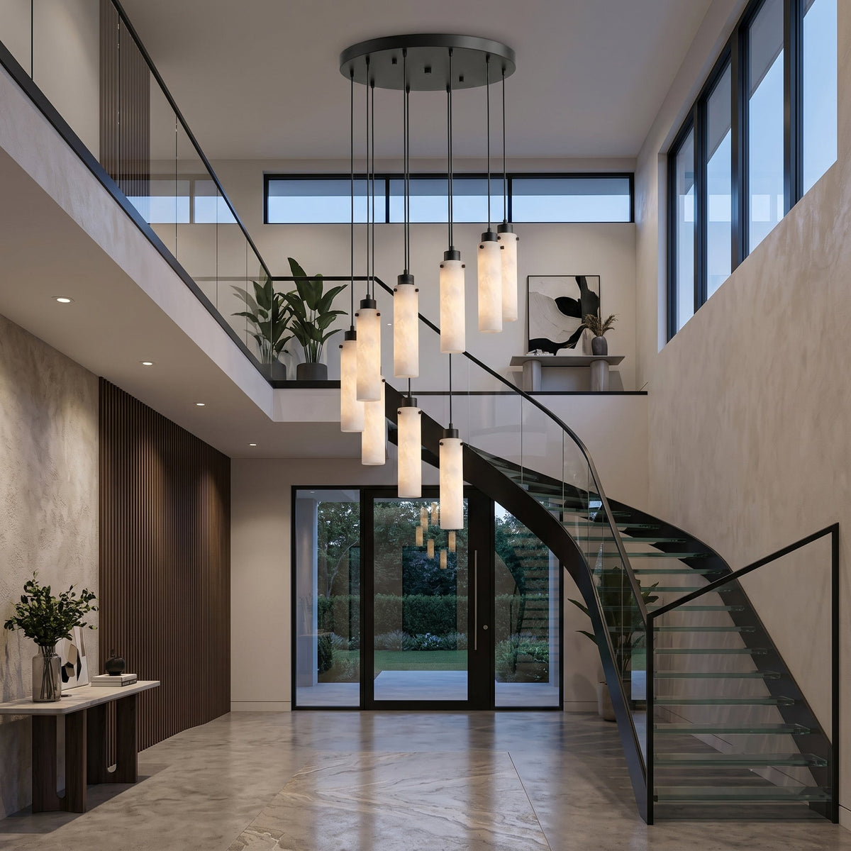The Cirio chandelier installed in a modern, high-ceiling living room.