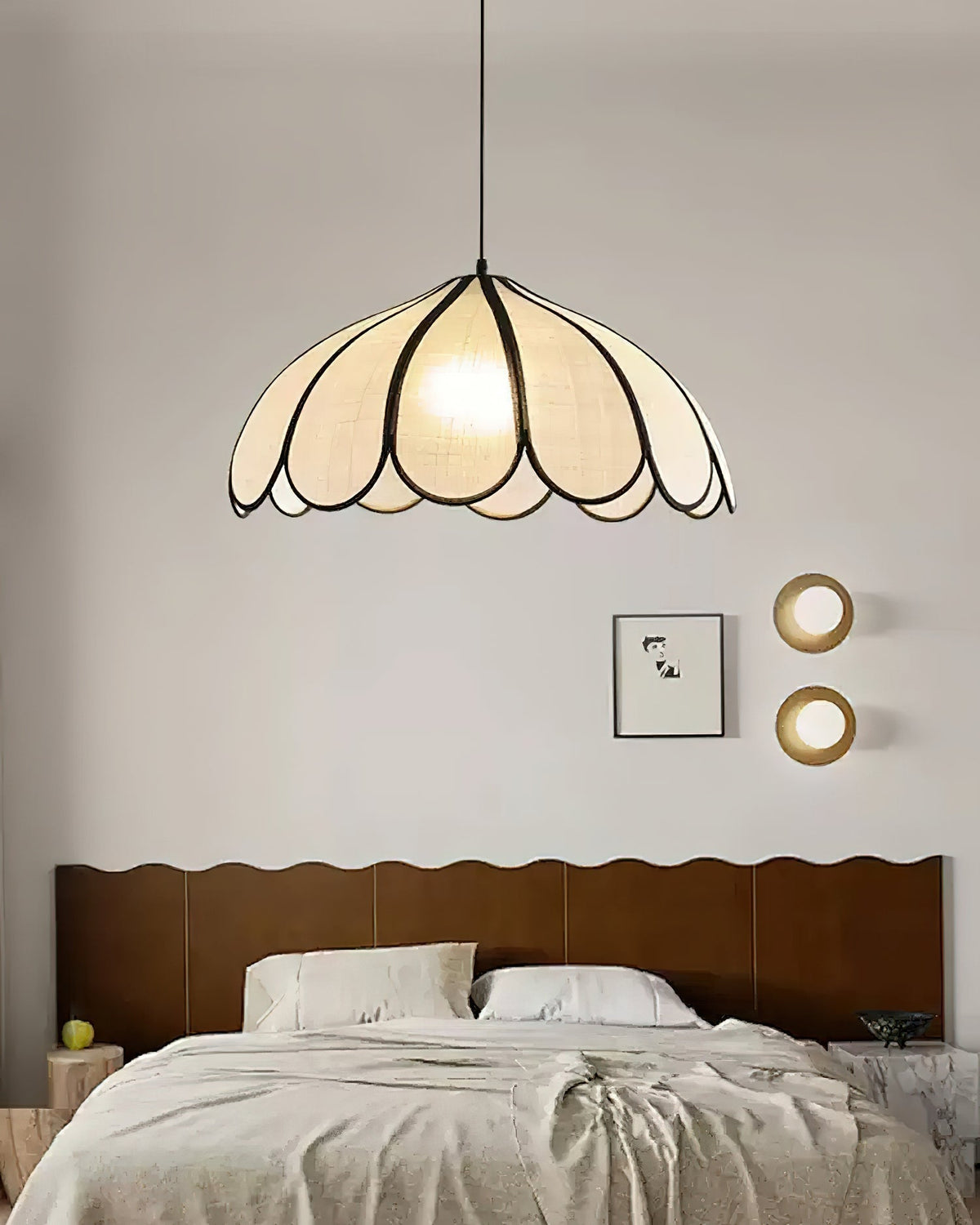 Pendant Lamp Scalloped Plant Fiber Shade Metal Frame Minimalist-Neutral Decor