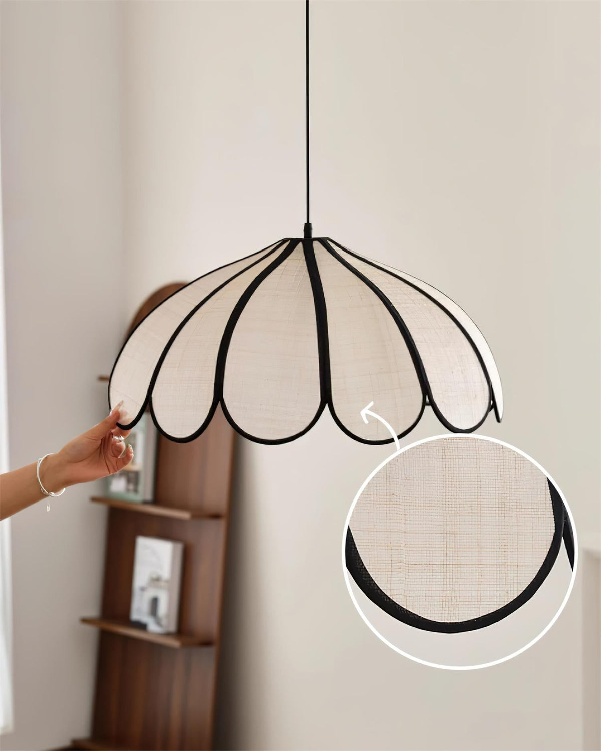 Pendant Lamp Scalloped Plant Fiber Shade Metal Frame Minimalist-Neutral Decor