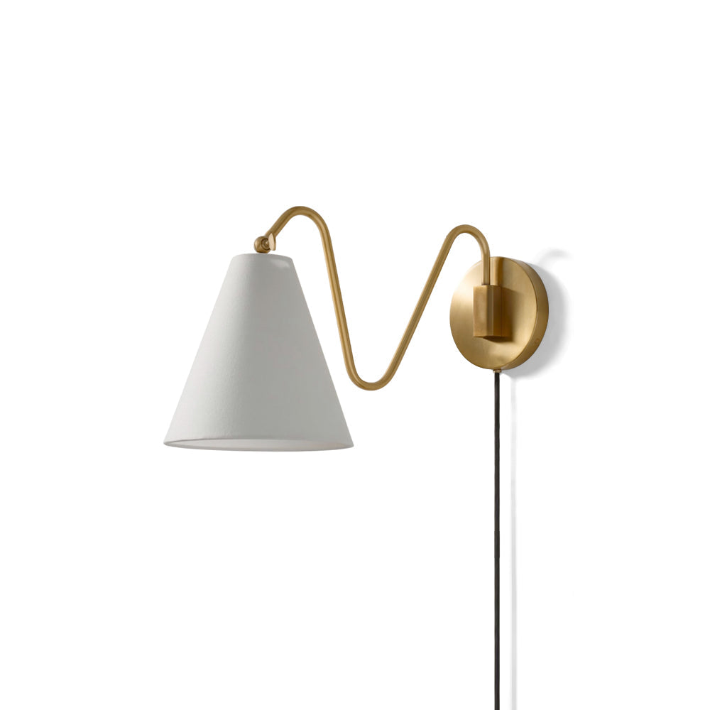 Cleome Swing Plug-In Wall Lamp with one head in brass finish and white shade.