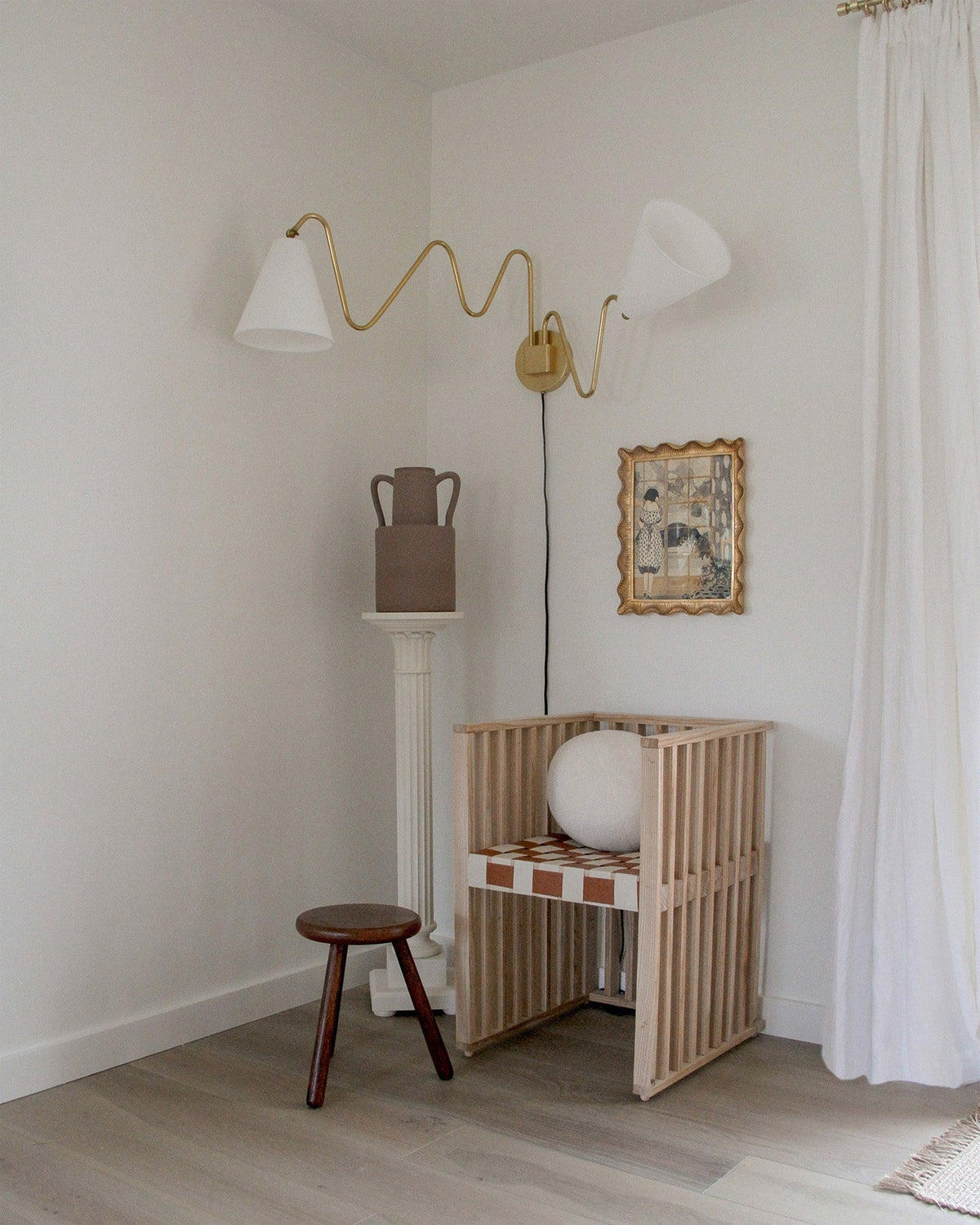 Cleome Swing Plug-In Wall Lamp with one head in black finish and white shade.