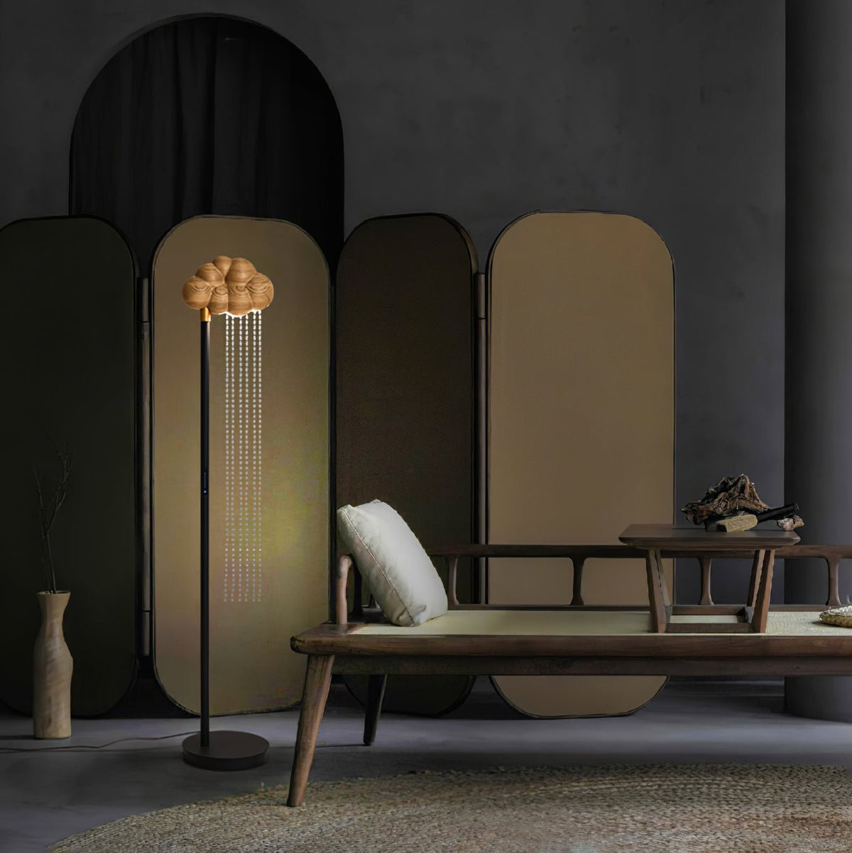 Orinyra Lampadaire en Métal Bronze à Rosace Nuageuse avec Détails Perles