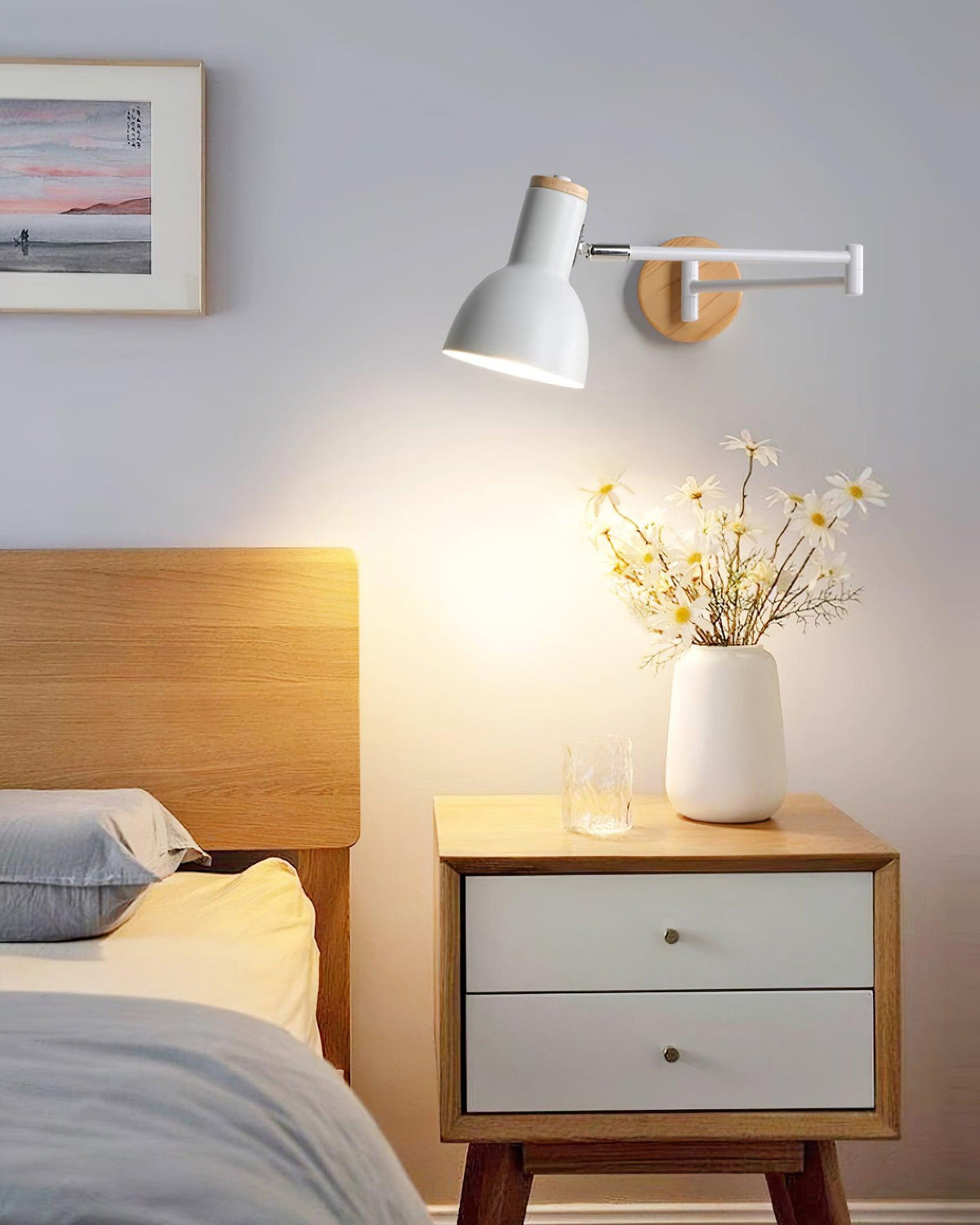 Wall Lamp Adjustable Arm Cone Shade Wood Base Modern Study-Neutral Decor