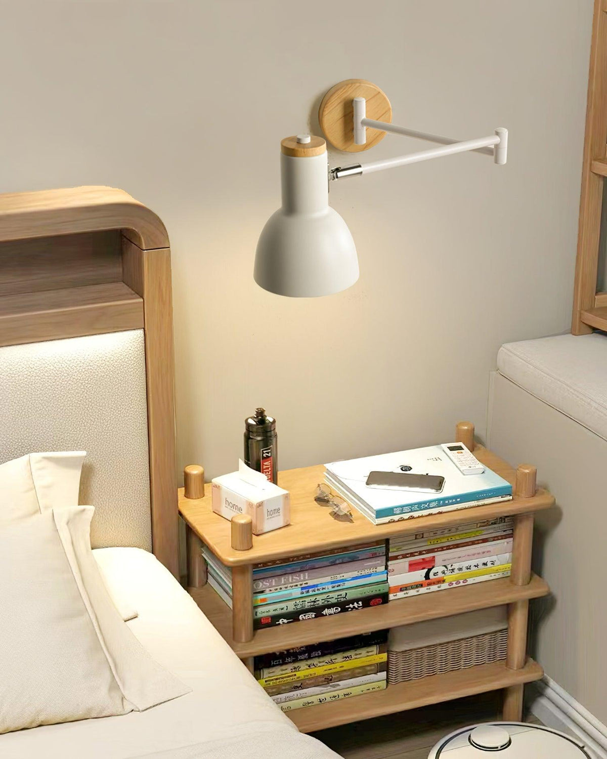 Wall Lamp Adjustable Arm Cone Shade Wood Base Modern Study-Neutral Decor