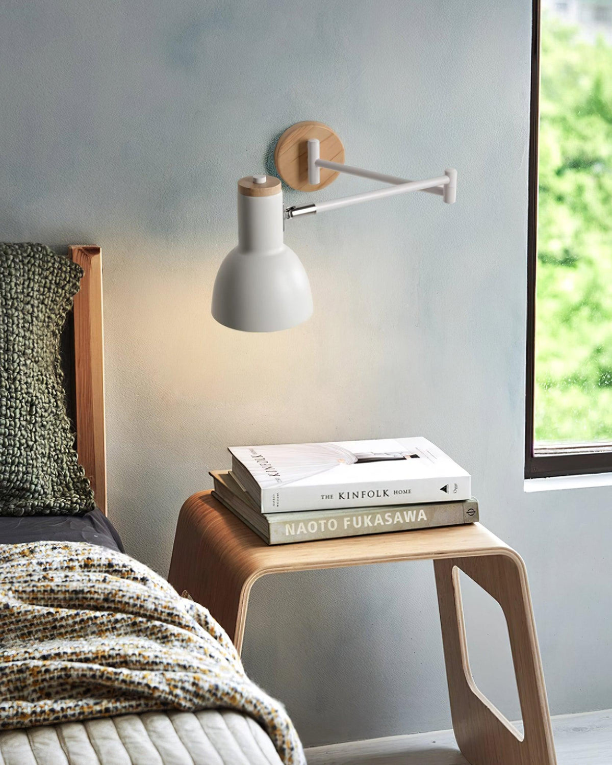 Wall Lamp Adjustable Arm Cone Shade Wood Base Modern Study-Neutral Decor