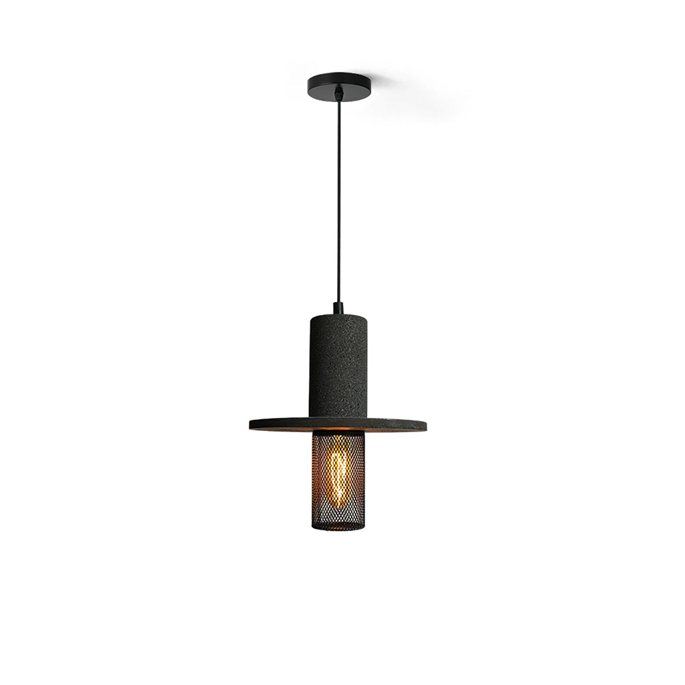 Condo Pendant Light in black travertine hanging in a modern room.