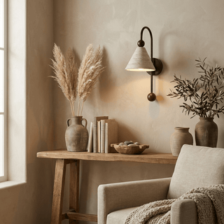 Cone Travertine Arc Sconce-Neutral Decor
