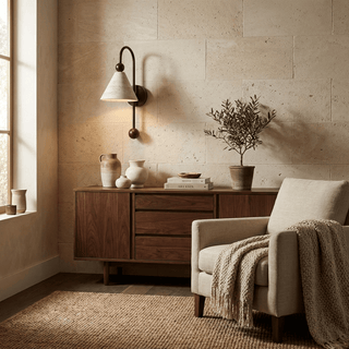 Cone Travertine Arc Sconce-Neutral Decor