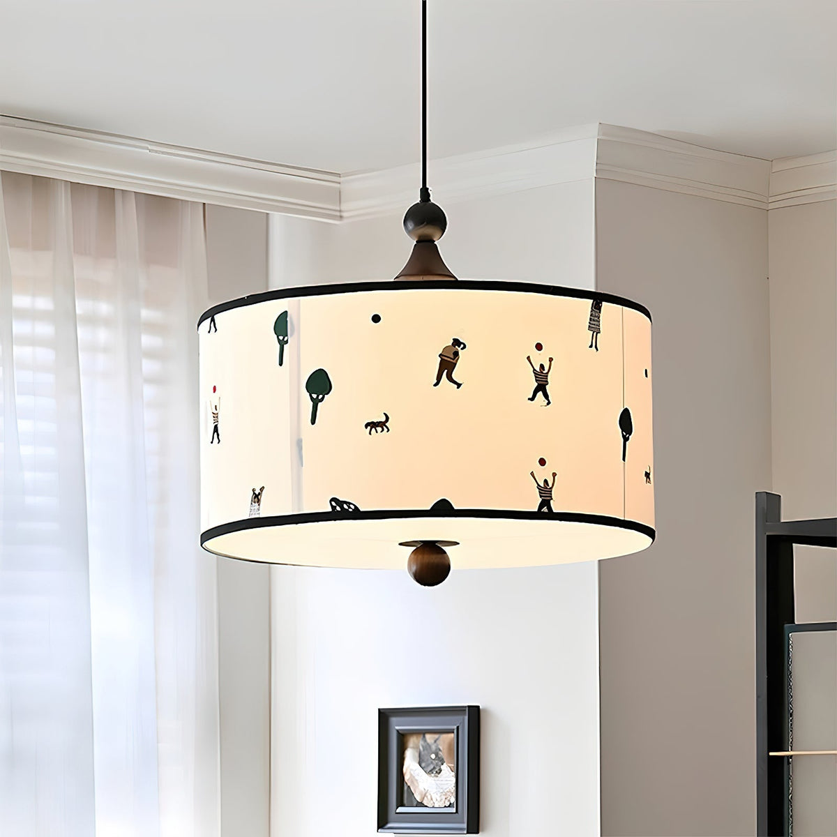 Close-up of the Congo Pendant Light's fabric shade showing artistic details.