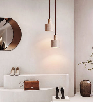 Cylindrical Travertine Pendant Lamp-Neutral Decor