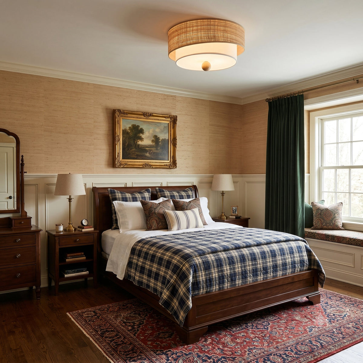 The flush mount light turned on, showing the warm ambient glow.