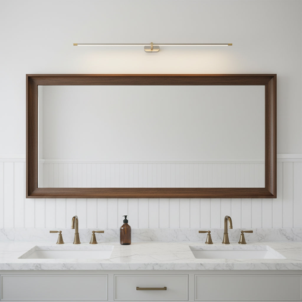 A pair of black linear wall lamps flanking a piece of art.