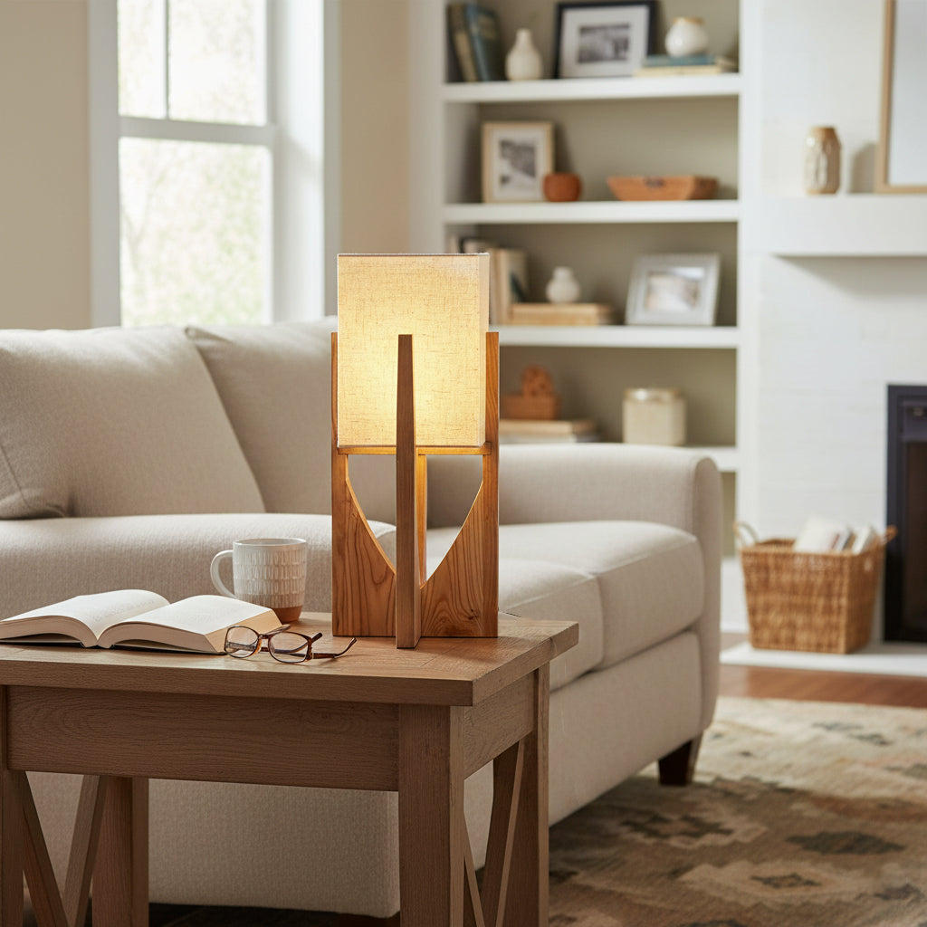 The Fairbanks Table Lamp illuminating a contemporary living room with a warm, ambient light.