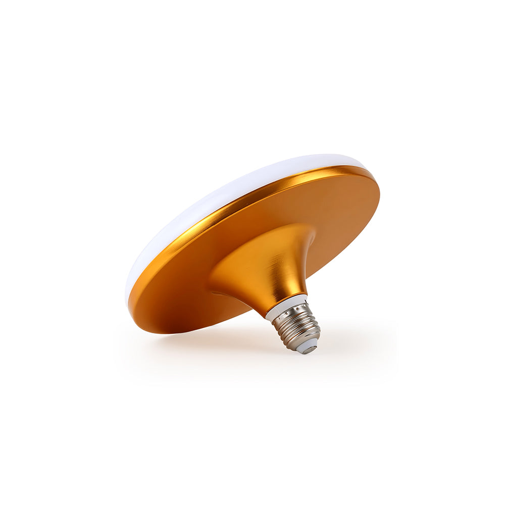 White flying saucer style LED bulb with an E27 base.