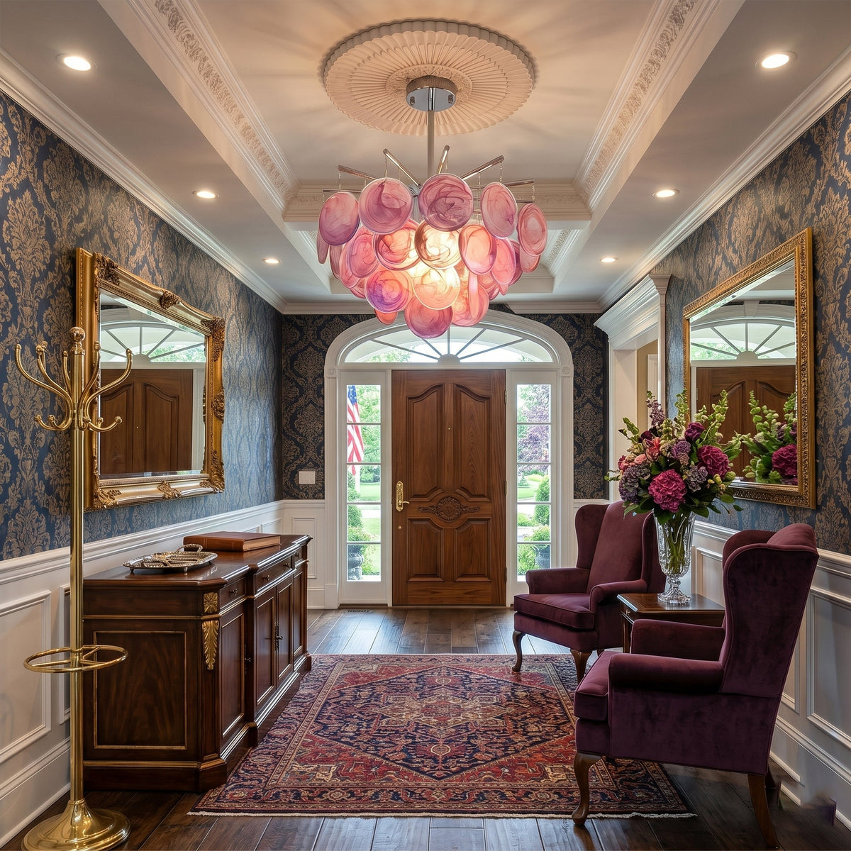 Lifestyle image featuring the Camisa Glass Chandelier in a home.