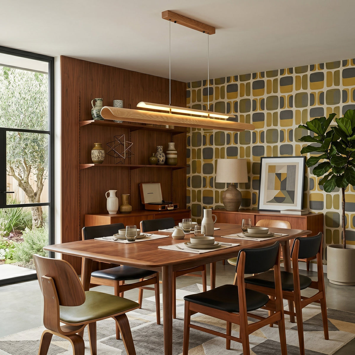 The chandelier illuminating a long contemporary dining table.