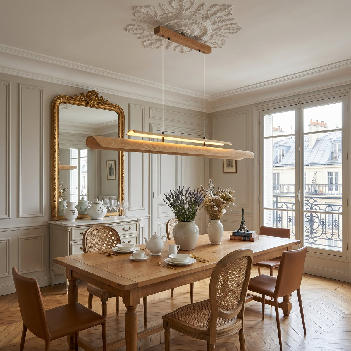 Sora Linear Chandelier hanging over a modern minimalist kitchen island.