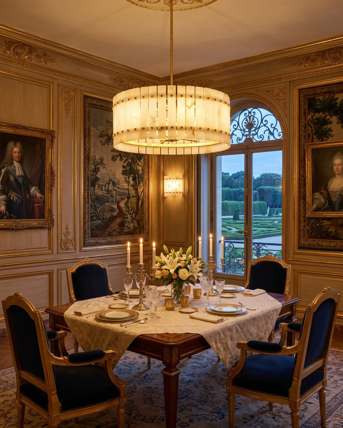The Belmont Alabaster Chandelier in a sophisticated living room setting.