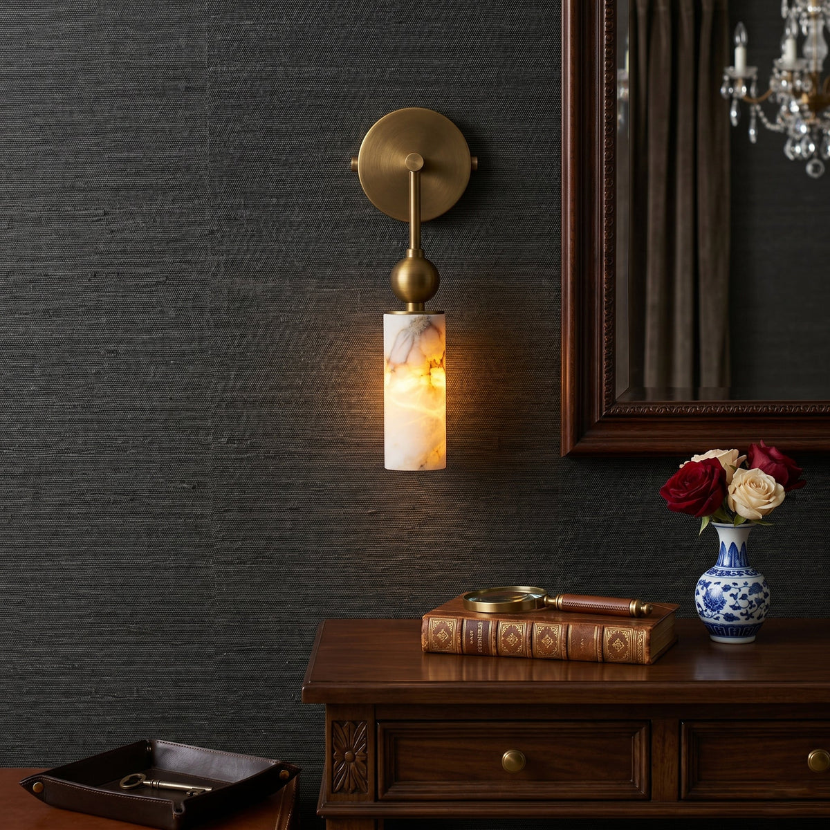 Close-up of the natural alabaster shade on the Metro Wall Lamp.
