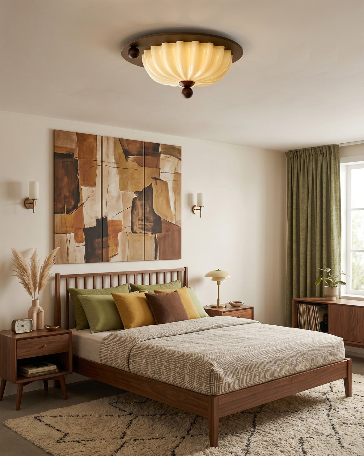 Perth Ceiling Lamp Model C with a pleated cream glass shade and walnut base.