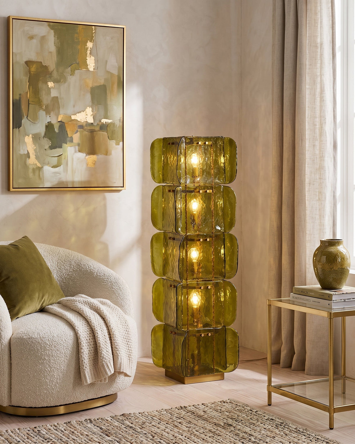 Detail shot of the lamp's geometric, stacked column design.