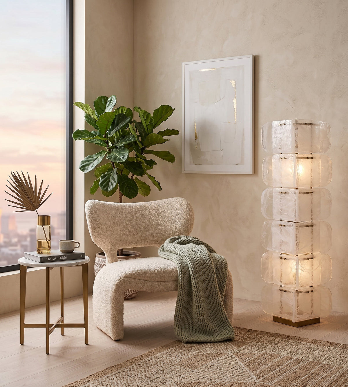 The gold Cubo Totem Floor Lamp in a modern living room setting.