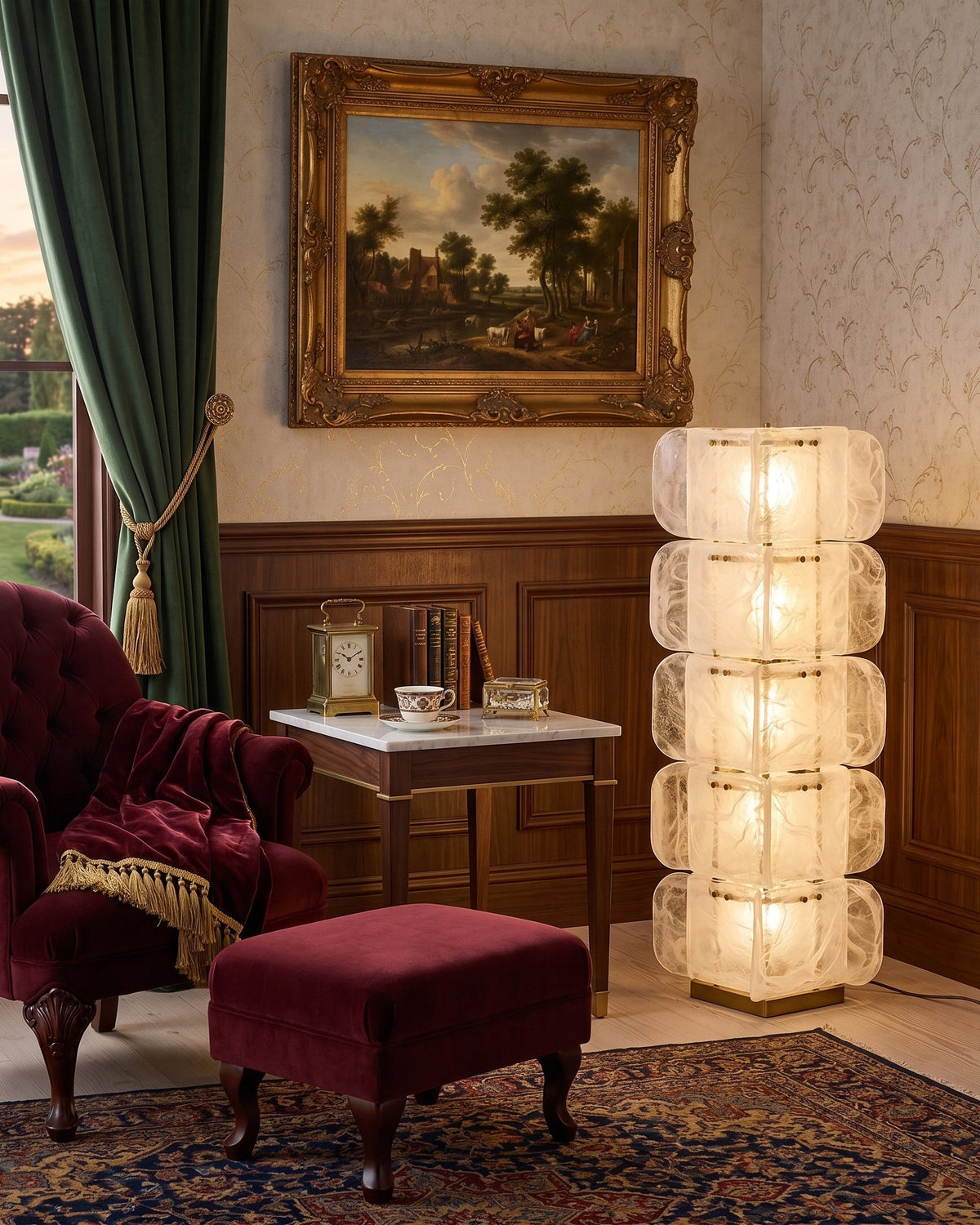The Cubo Totem Floor Lamp illuminated, casting a warm glow.