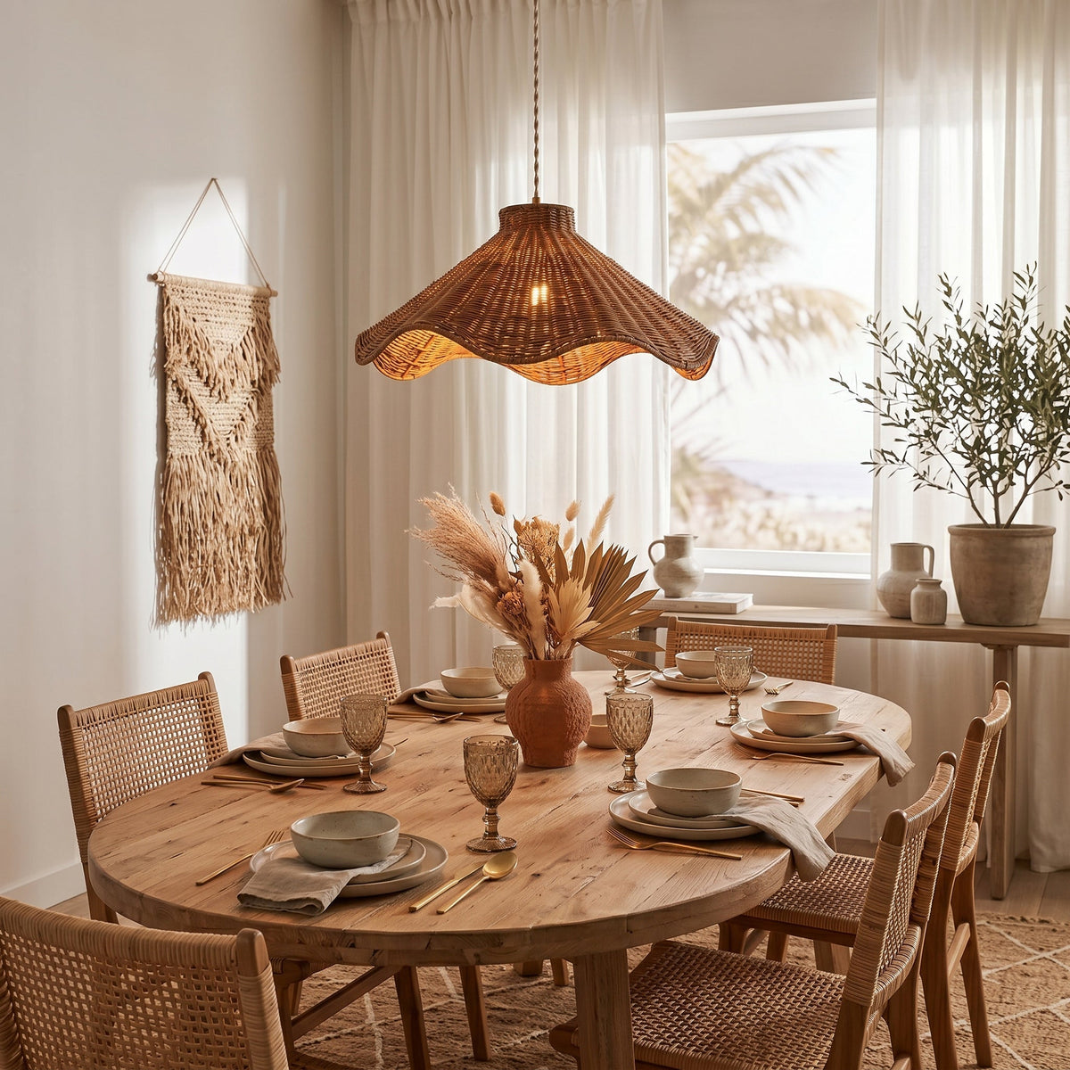 Side profile of the Maren Rattan Pendant Light showing its scalloped wave form.