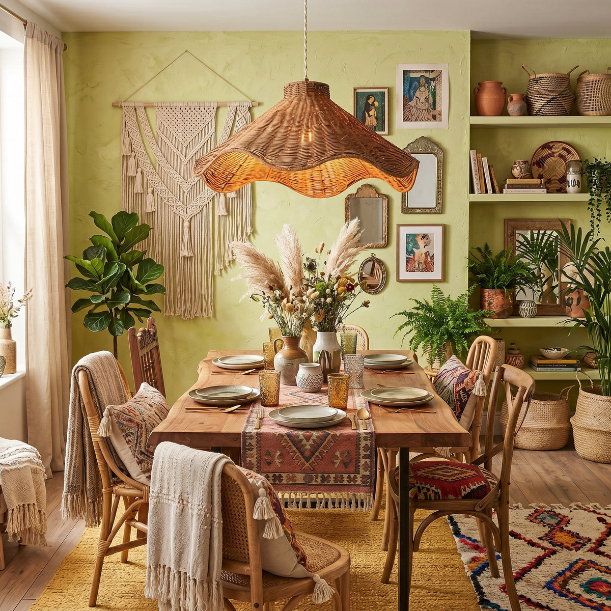 The Maren Rattan Pendant Light in a bohemian-inspired bedroom setting.
