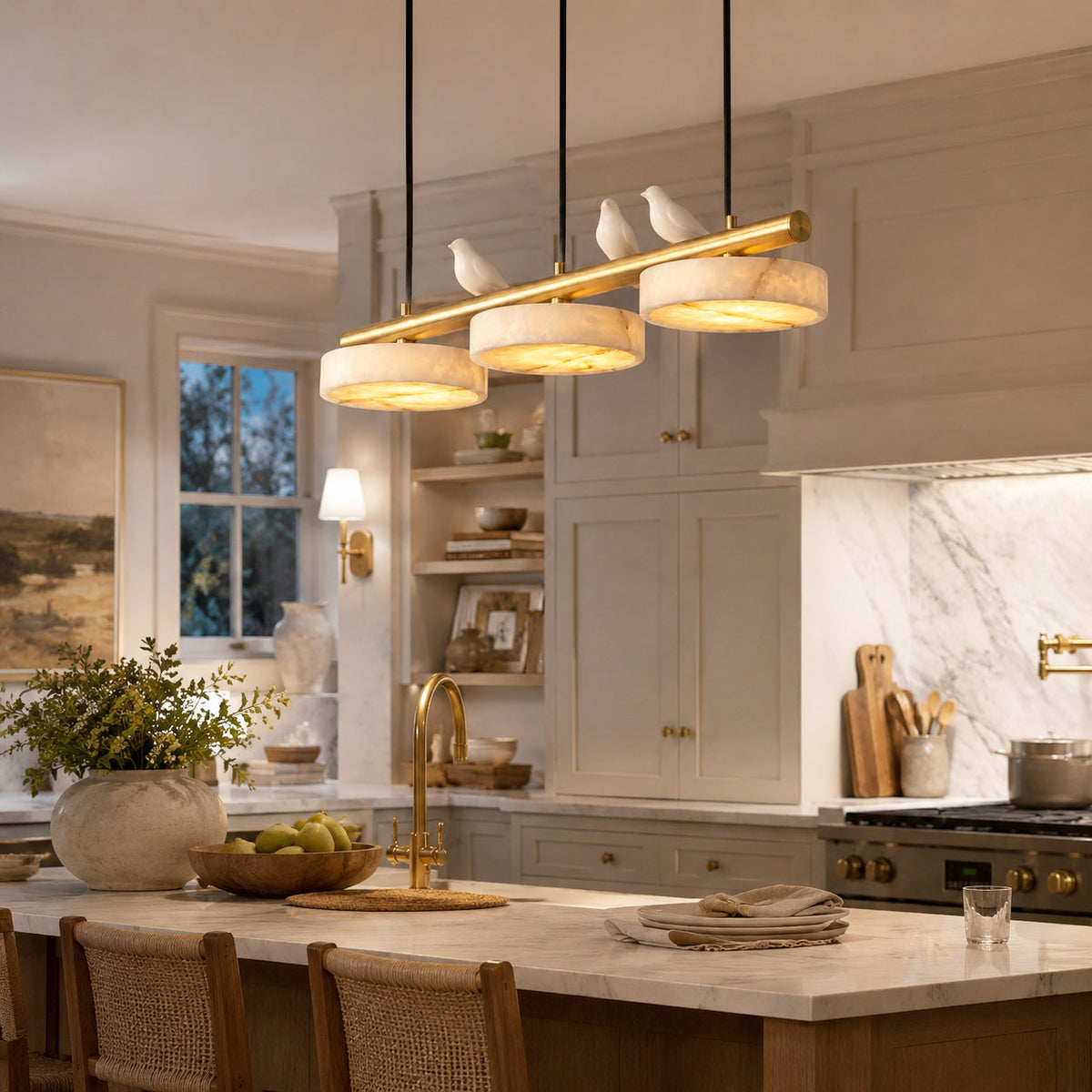 Detail shot of the genuine alabaster veining on the chandelier's disc.